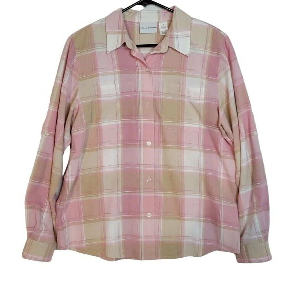 Alfred Dunner Shirt Women's Size‎ 14 Pink/beige Plaid Button Up Top Long Sleeve